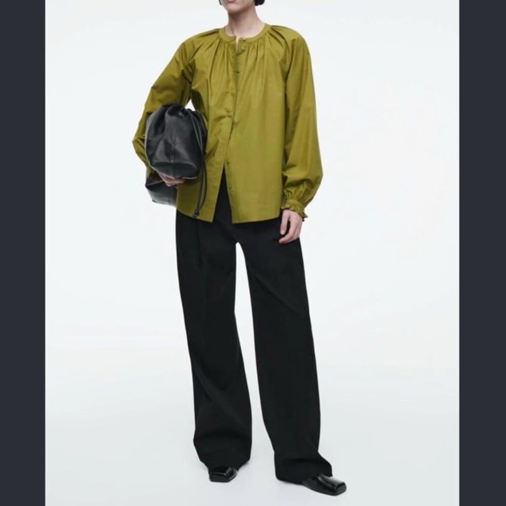 COS Olive Green Long Balloon Sleeve Button Front Rounded Neck Blouse Large